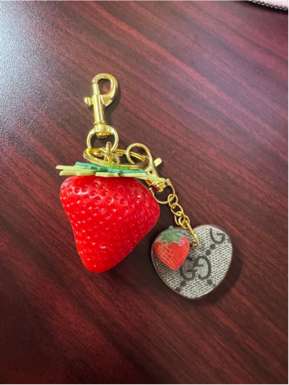Handmade Strawberry Heart Keychain Using Authentic Designer Canvas | Resin Charm - Picture 4 of 4